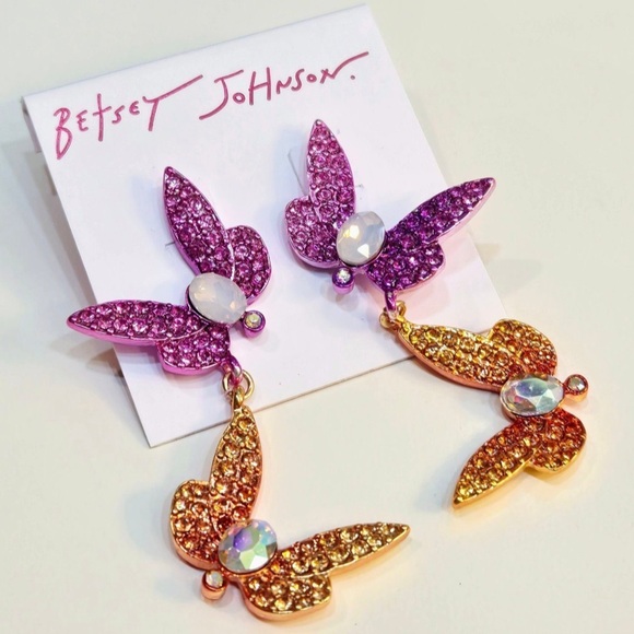 BETSEY JOHNSON Pink & Orange Iridescent Crystal Double Butterfly Earrings NWT - Picture 1 of 4